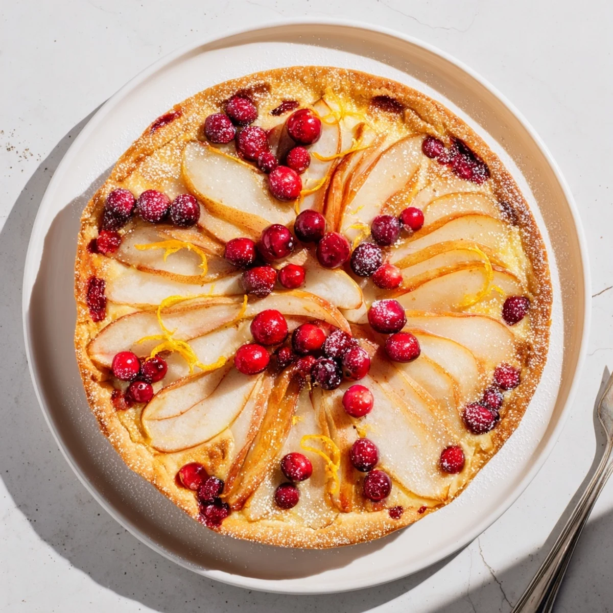 Rustic pear and cranberry tart spiced with cinnamon on flaky pastry dusted with powdered sugar