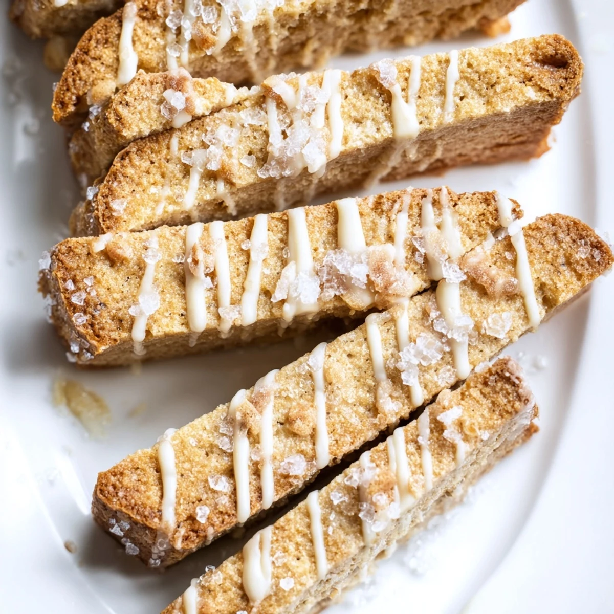 Golden brown sugar cookie biscotti arranged on a wooden board with white chocolate drizzle