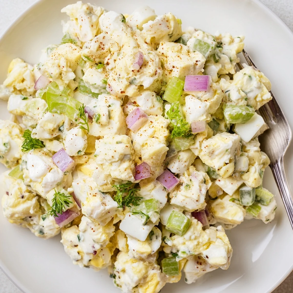 Wholesome egg salad bowl with cottage cheese, red onion, and parsley for a light lunch