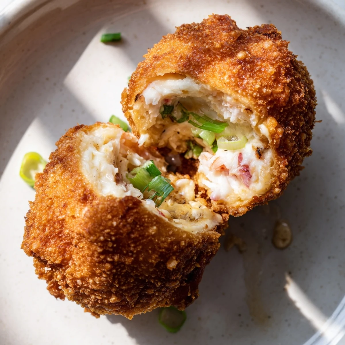 Crispy appetizer balls featuring lump crab meat and cream cheese filling, deep fried to golden perfection