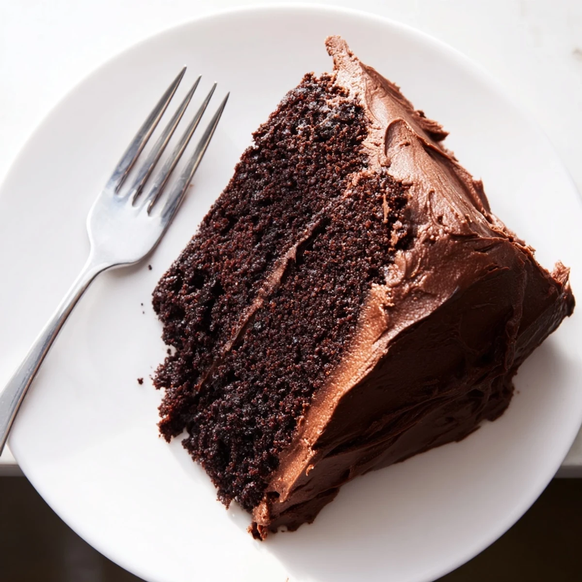 Rich moist chocolate cake slice topped with fluffy frosting and chocolate shavings