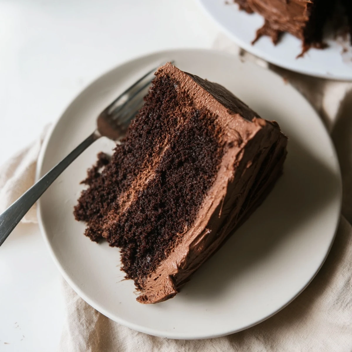 Decadent chocolate cake layered with silky chocolate frosting on a white serving plate
