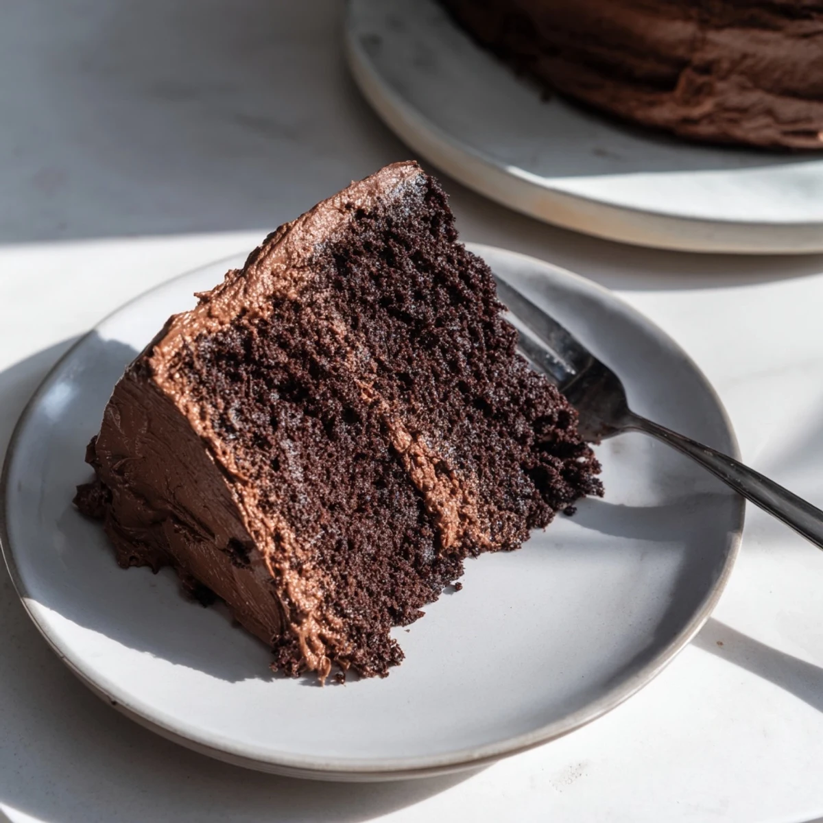 Two-layer chocolate cake with smooth buttercream frosting garnished with cocoa dusting