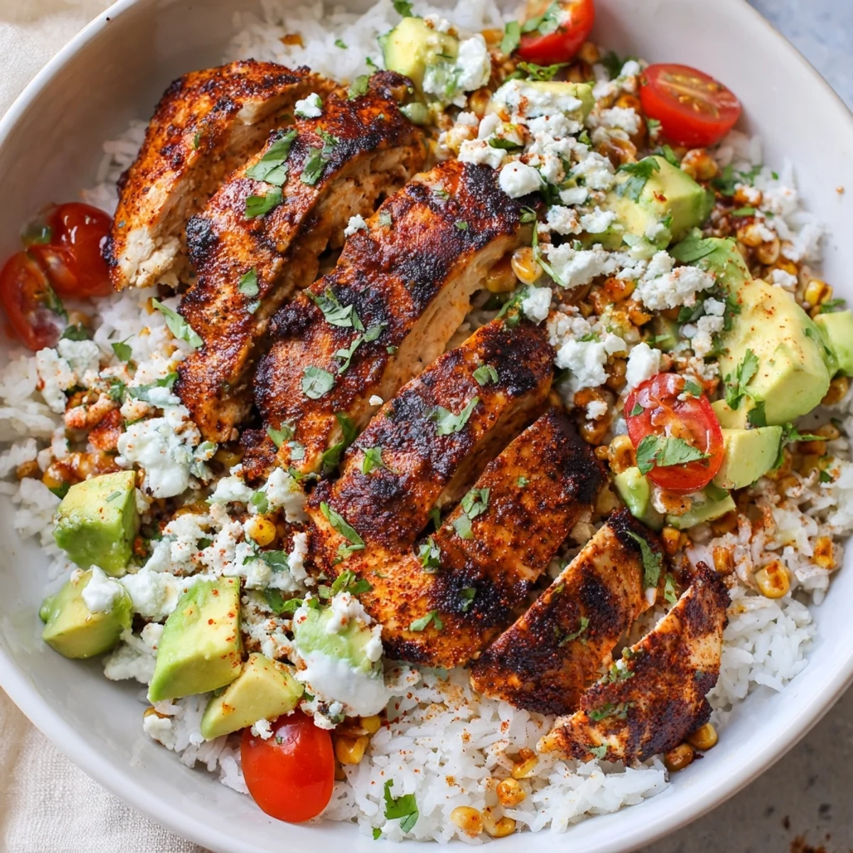 Colorful street corn chicken and rice bowls topped with avocado, cilantro, crumbly cotija cheese, and lime wedges