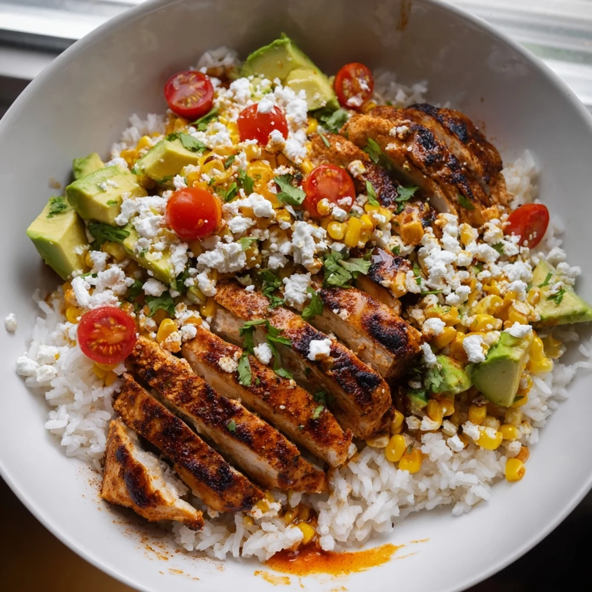 Juicy grilled chicken over fluffy white rice with creamy Mexican street corn, fresh tomatoes, and sliced avocado