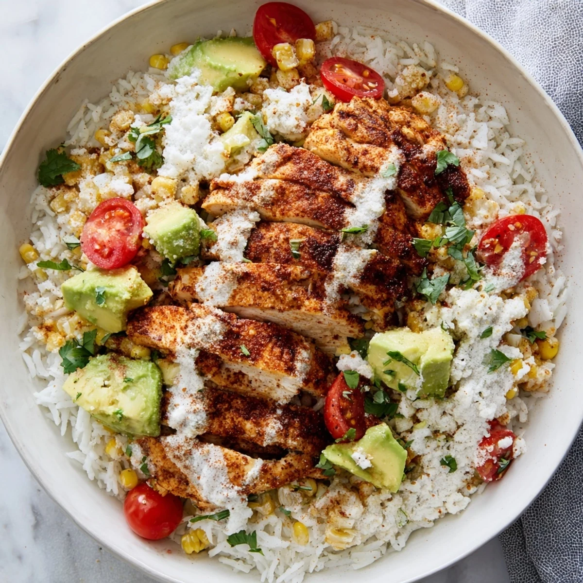 Heaping bowl of spiced street corn chicken and rice with vibrant toppings, melted cheese, and zesty lime