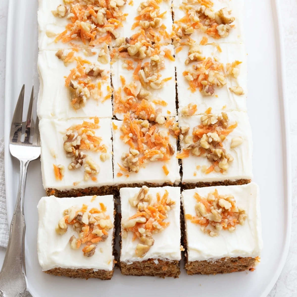 Square spiced carrot cake bars with luscious cream cheese frosting on a white serving plate