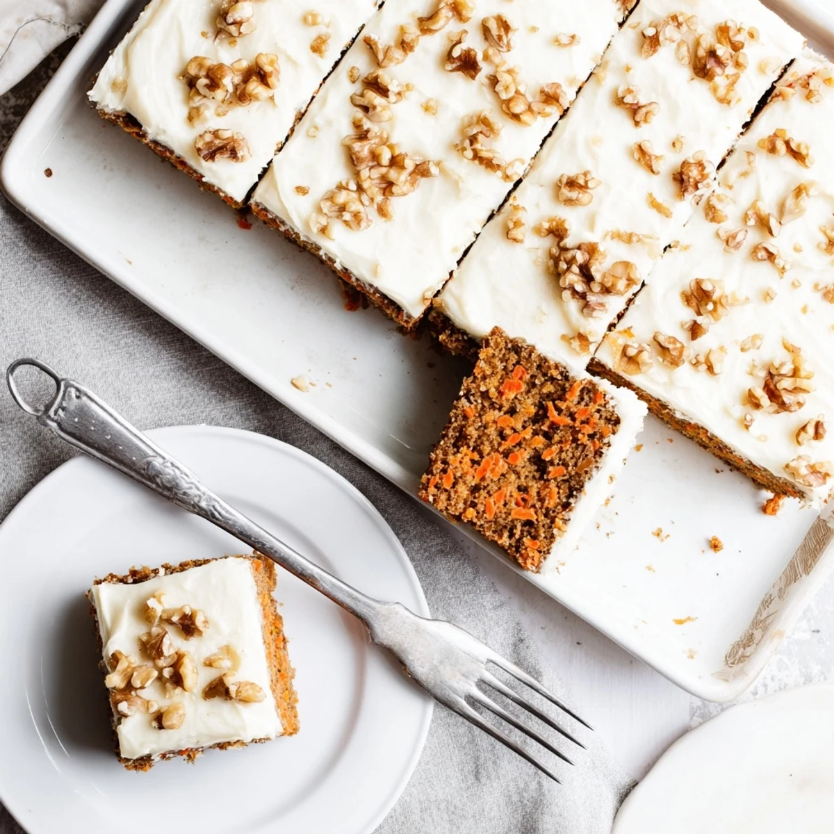 Golden carrot cake bars topped with thick creamy cream cheese frosting and sprinkled with chopped walnuts