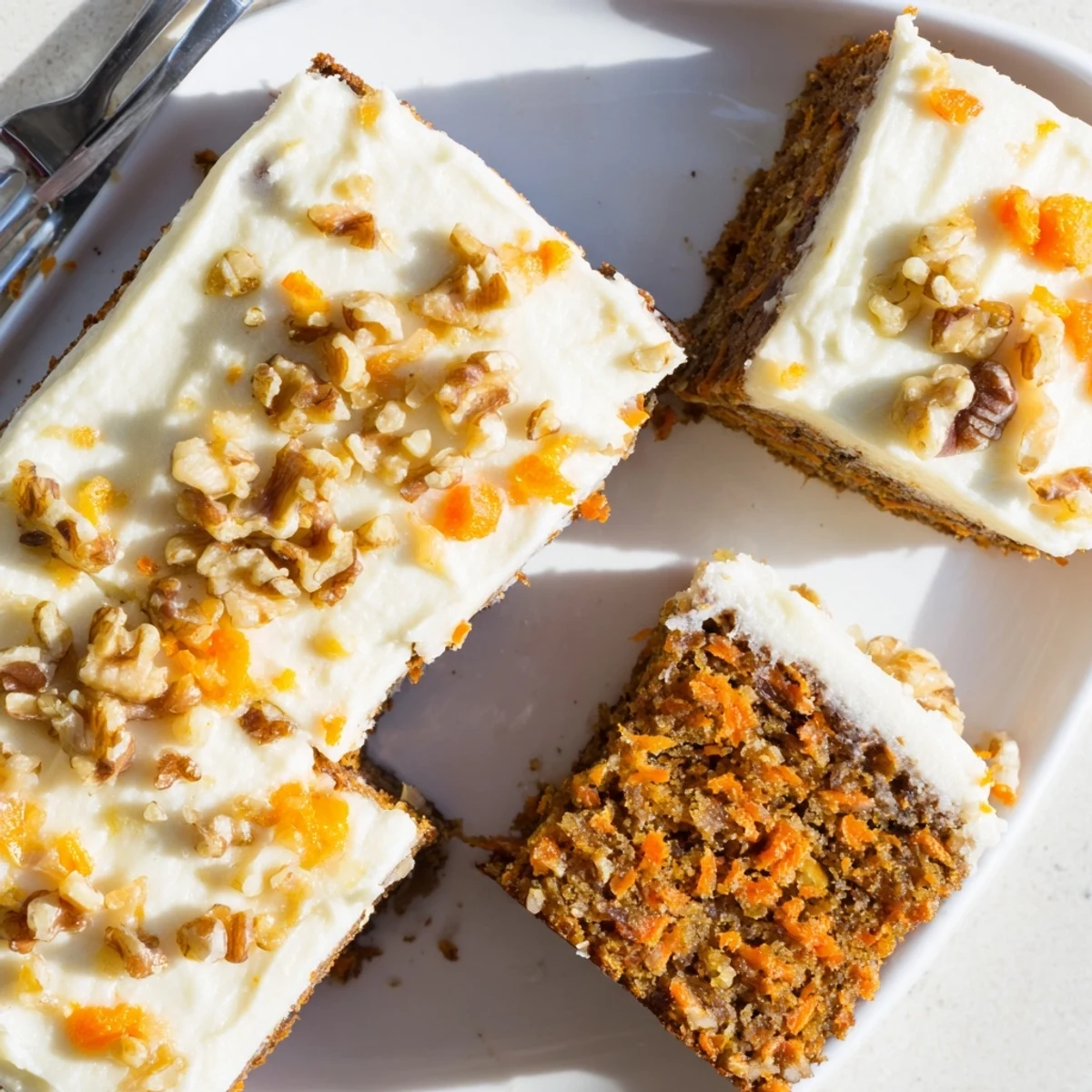 Homemade carrot cake bars with smooth cream cheese frosting and visible grated carrot texture