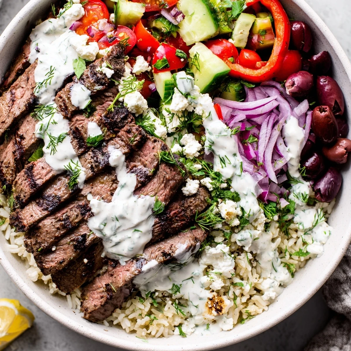 Protein-packed Mediterranean steak bowl featuring juicy marinated flank steak, fresh diced vegetables, Kalamata olives, and creamy yogurt drizzle over aromatic rice