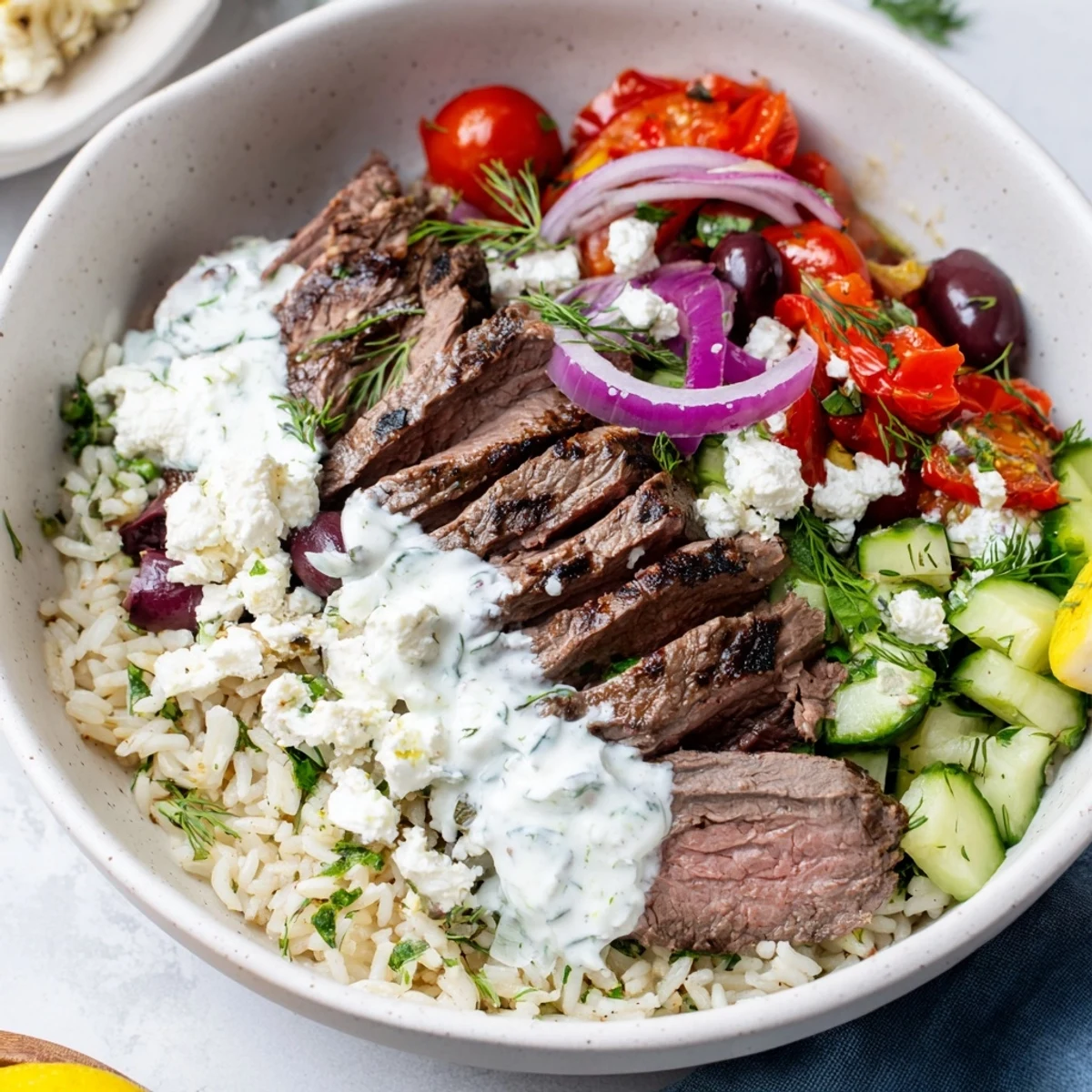 Golden grilled steak slices atop fluffy herbed rice with colorful cherry tomatoes, crisp cucumber, and tangy feta in this Mediterranean steak bowl
