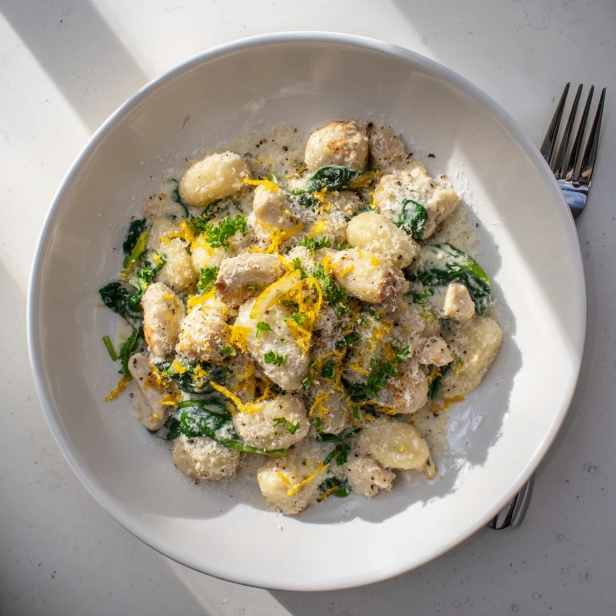 Creamy lemon chicken gnocchi in a white bowl with fresh spinach and Parmesan shavings
