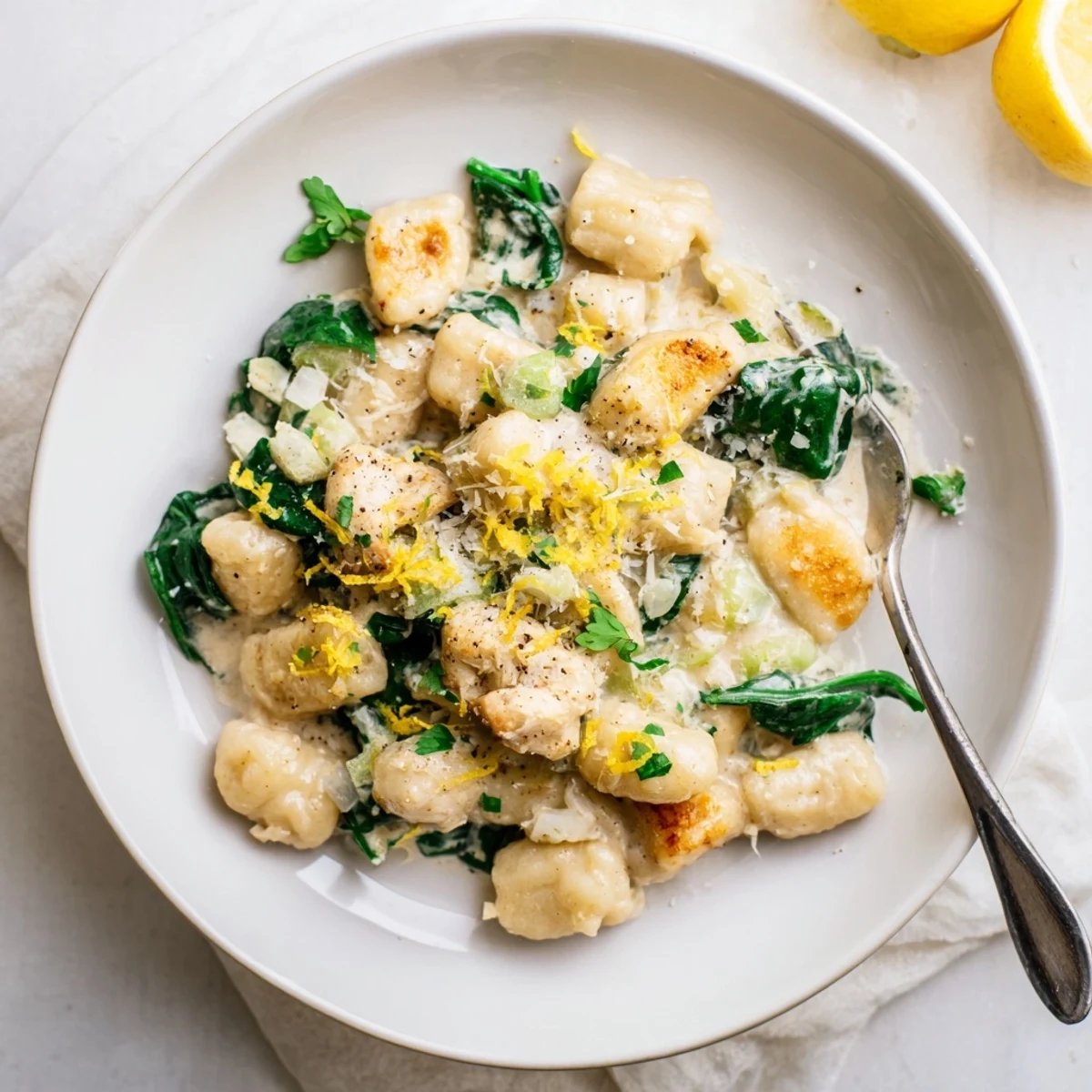One-pan creamy lemon chicken gnocchi featuring wilted spinach and grated Parmesan cheese topping