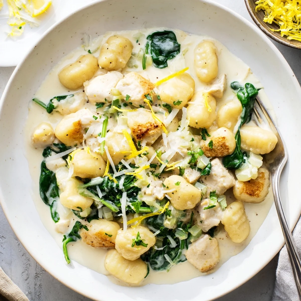 Golden brown chicken pieces nestled with soft potato gnocchi in a rich lemon cream sauce