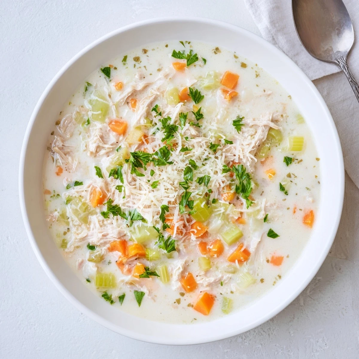 Homemade garlic Parmesan chicken soup featuring tender chunks of shredded chicken in a rich white broth