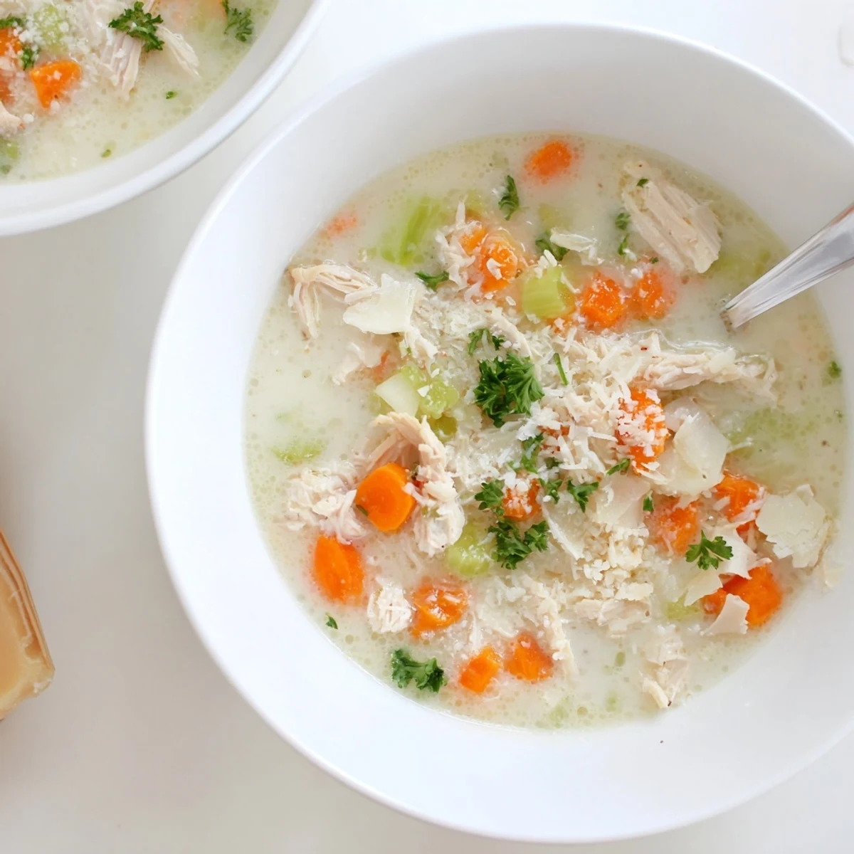 Steaming bowl of garlic Parmesan chicken soup garnished with grated cheese and served with crusty bread