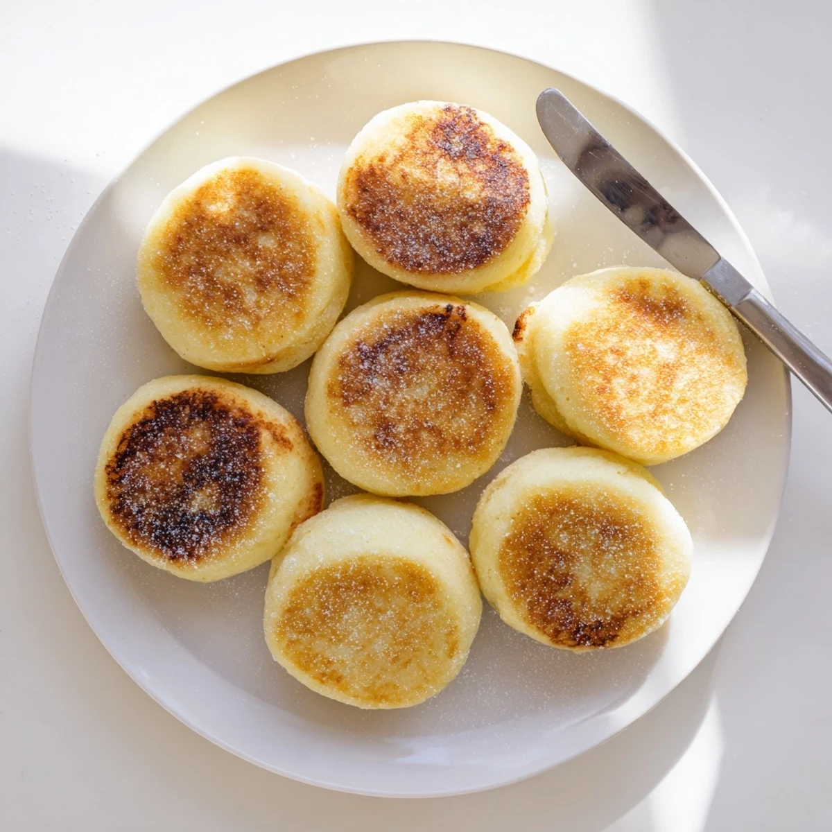 Golden brown Irish potato cakes stacked on a white serving plate with melted butter dripping down the sides