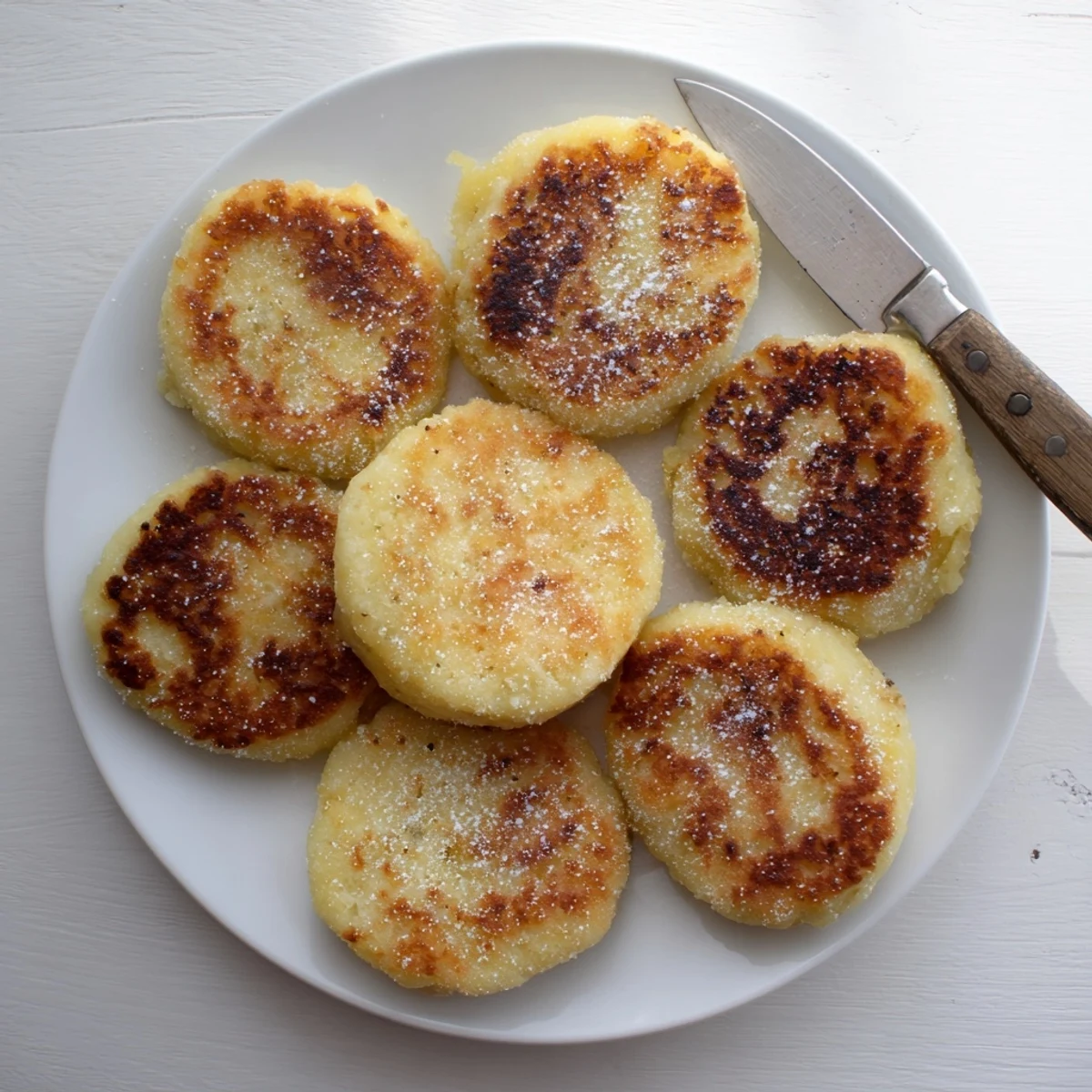 Traditional Irish potato cakes frying in a cast iron skillet with golden crispy edges forming on both sides