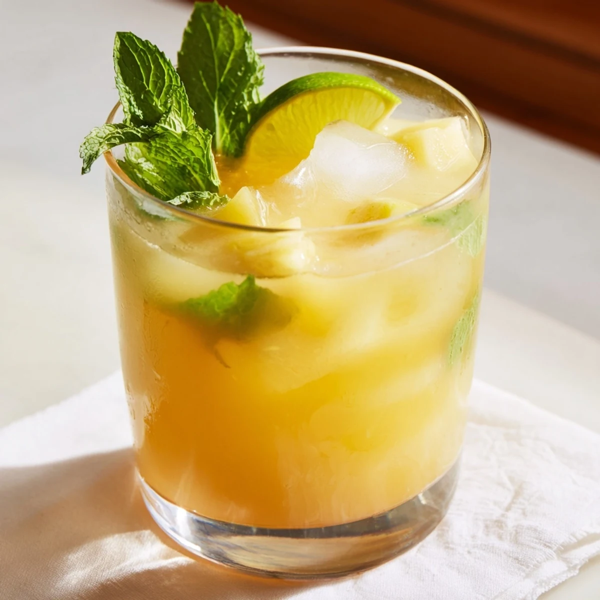 Golden pineapple peach agua fresca served over ice in a clear glass pitcher garnished with fresh mint