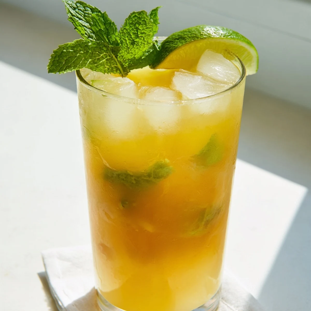 Vibrant yellow pineapple peach agua fresca poured into mason jars with floating fruit slices and lime wedges