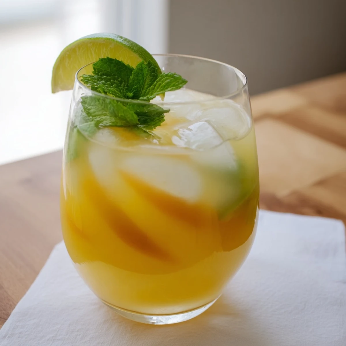 Refreshing blended pineapple peach agua fresca displayed on a wooden table with whole peaches and pineapple nearby