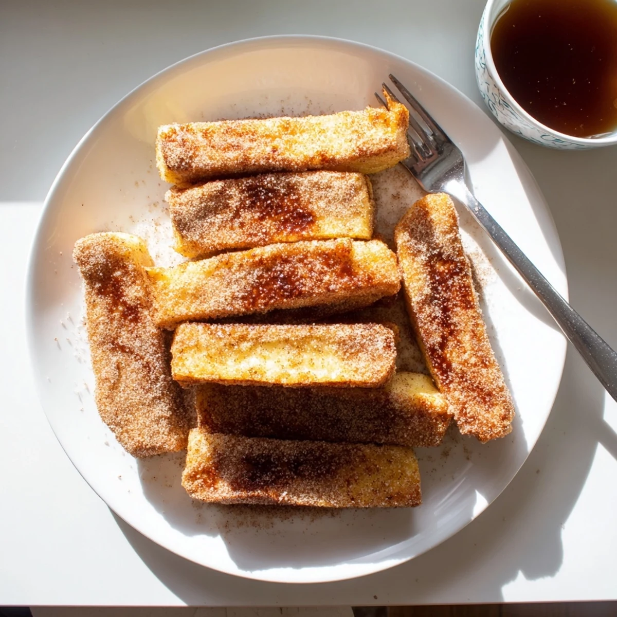 Crispy cinnamon sugar coated French toast sticks stacked on a serving platter