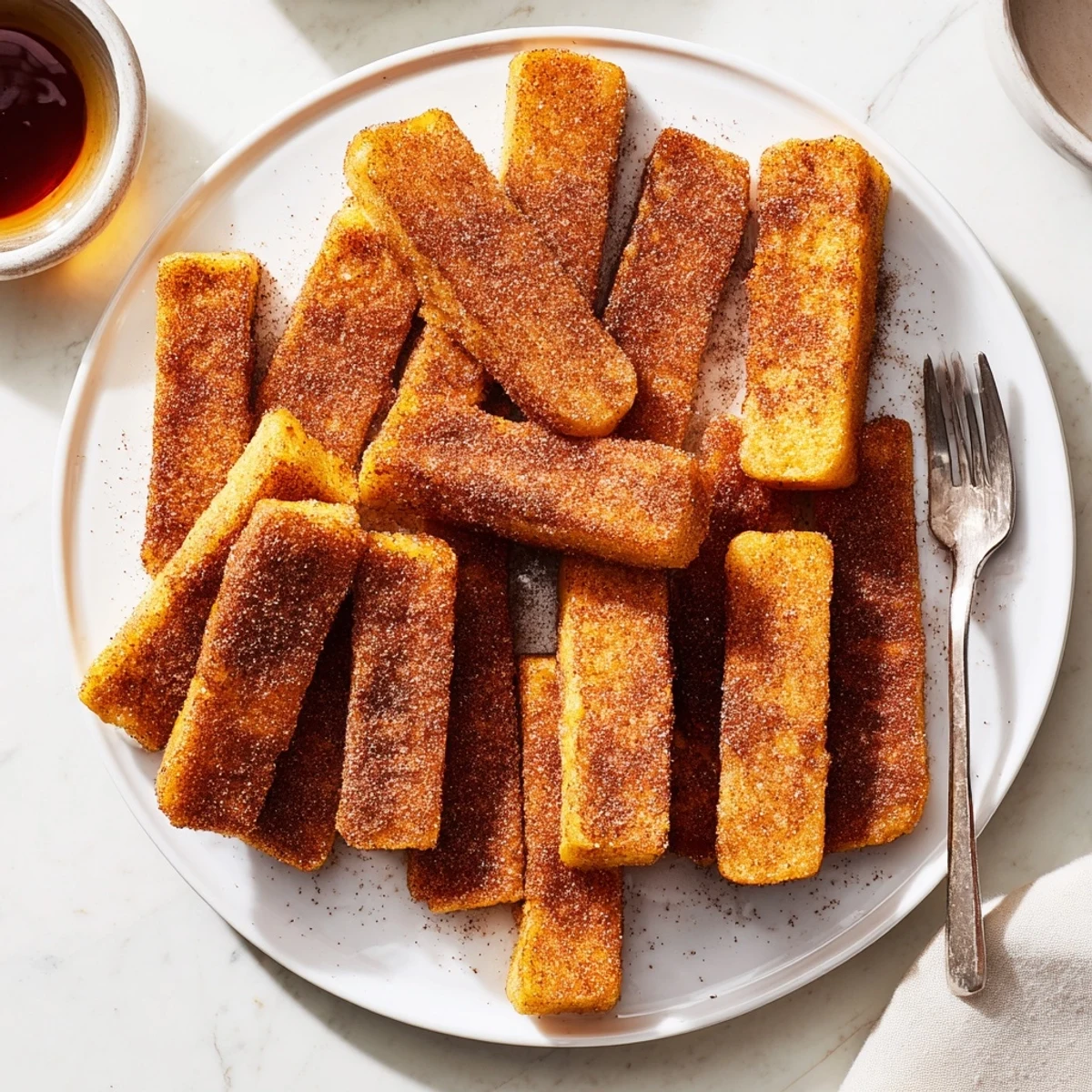 Warm golden brown cinnamon French toast sticks ready for breakfast with syrup