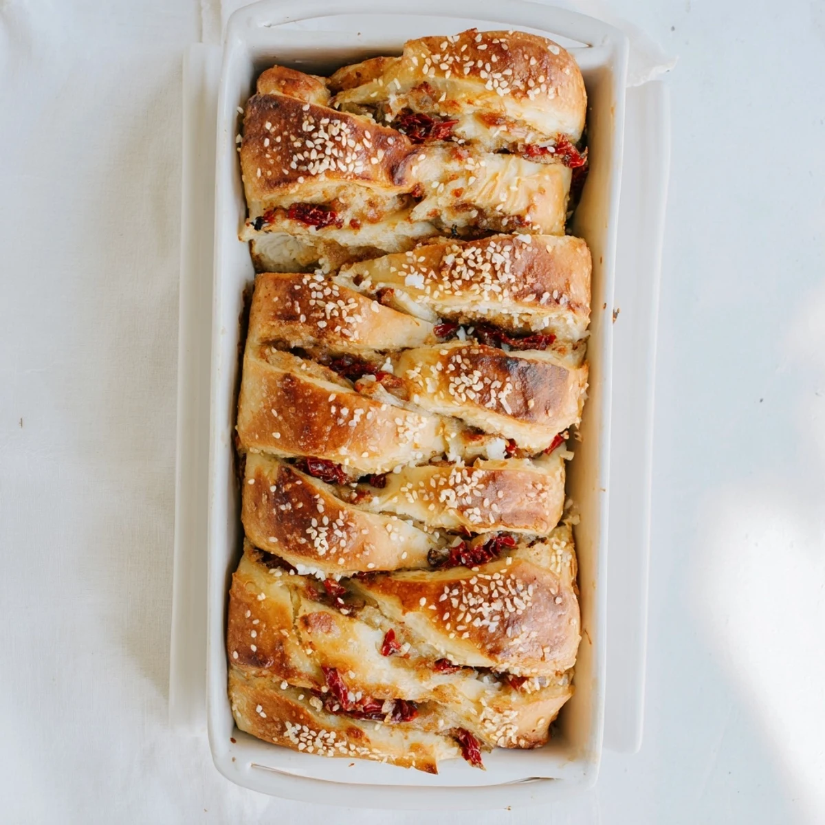 Golden Mediterranean pull-apart bread stuffed with feta, olives, and sun-dried tomatoes