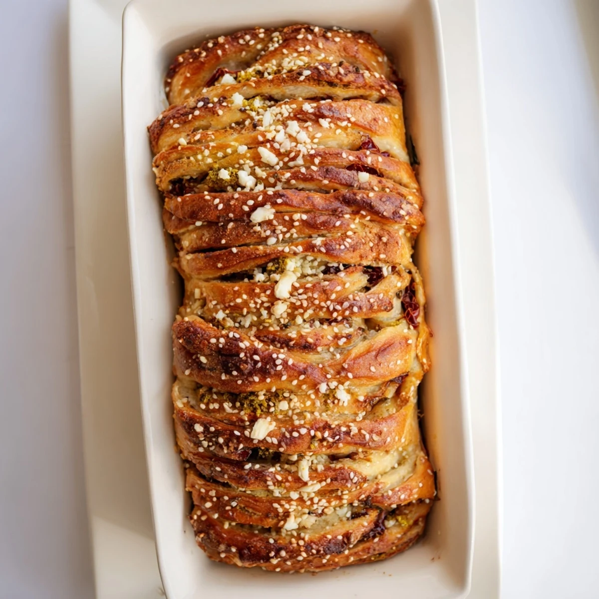 Soft pull-apart bread revealing layers of Mediterranean herbs and savory cheese filling