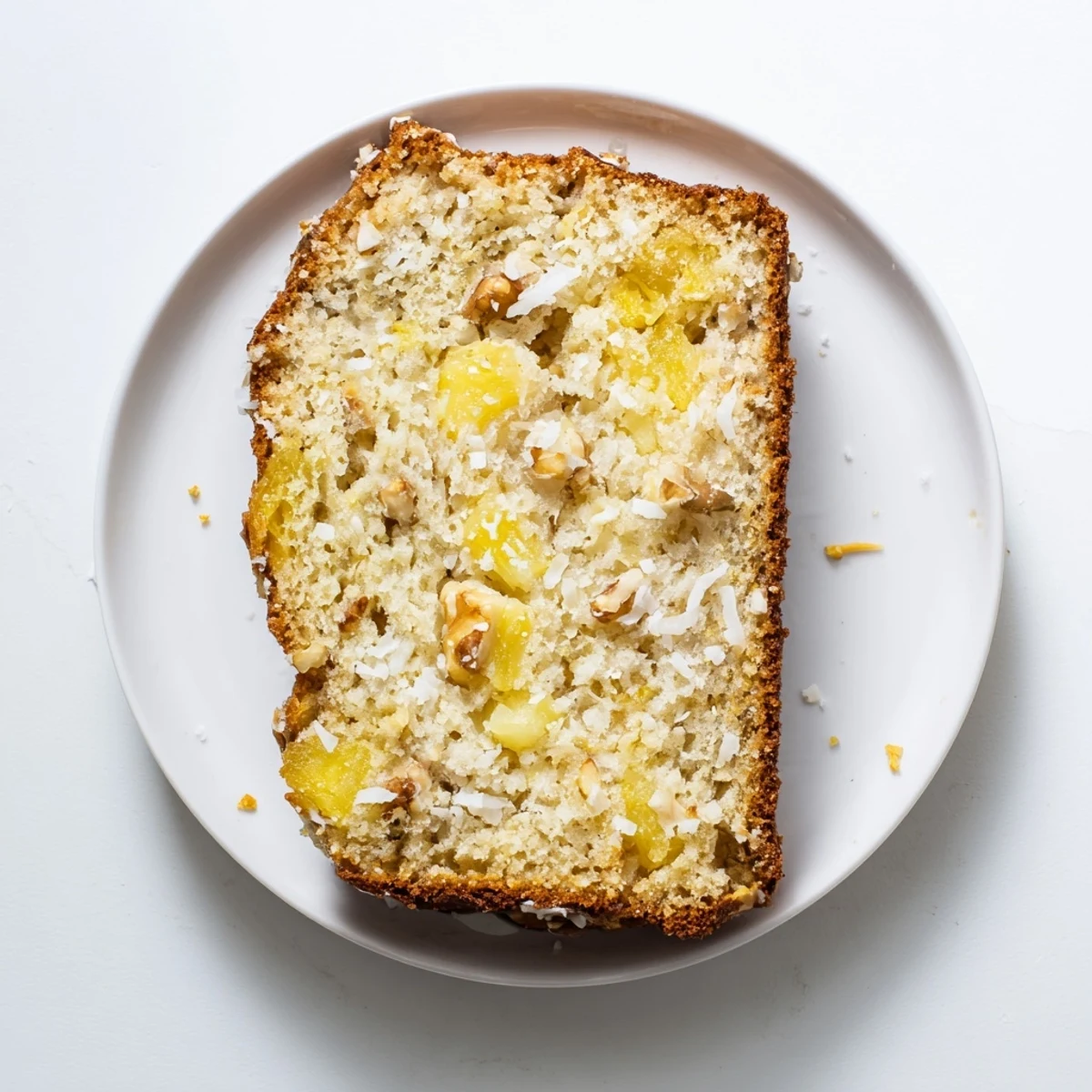 Freshly baked banana bread studded with crushed pineapple and toasted coconut, sliced on a serving plate