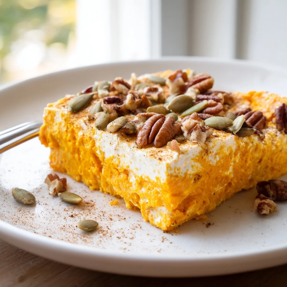 Golden high protein cottage cheese pumpkin bake topped with pecans and pumpkin seeds