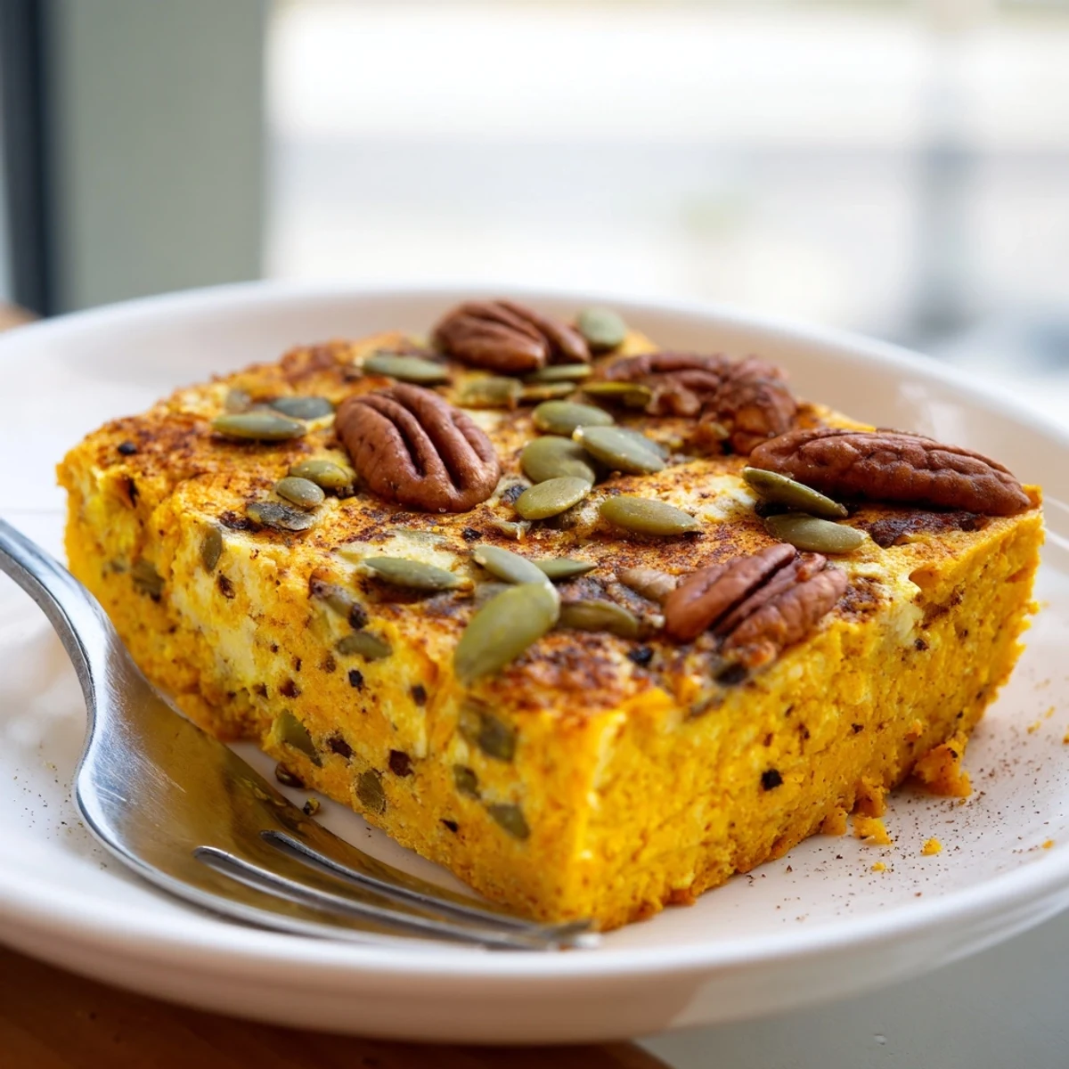 Creamy high protein cottage cheese pumpkin bake with cinnamon and chopped nut topping