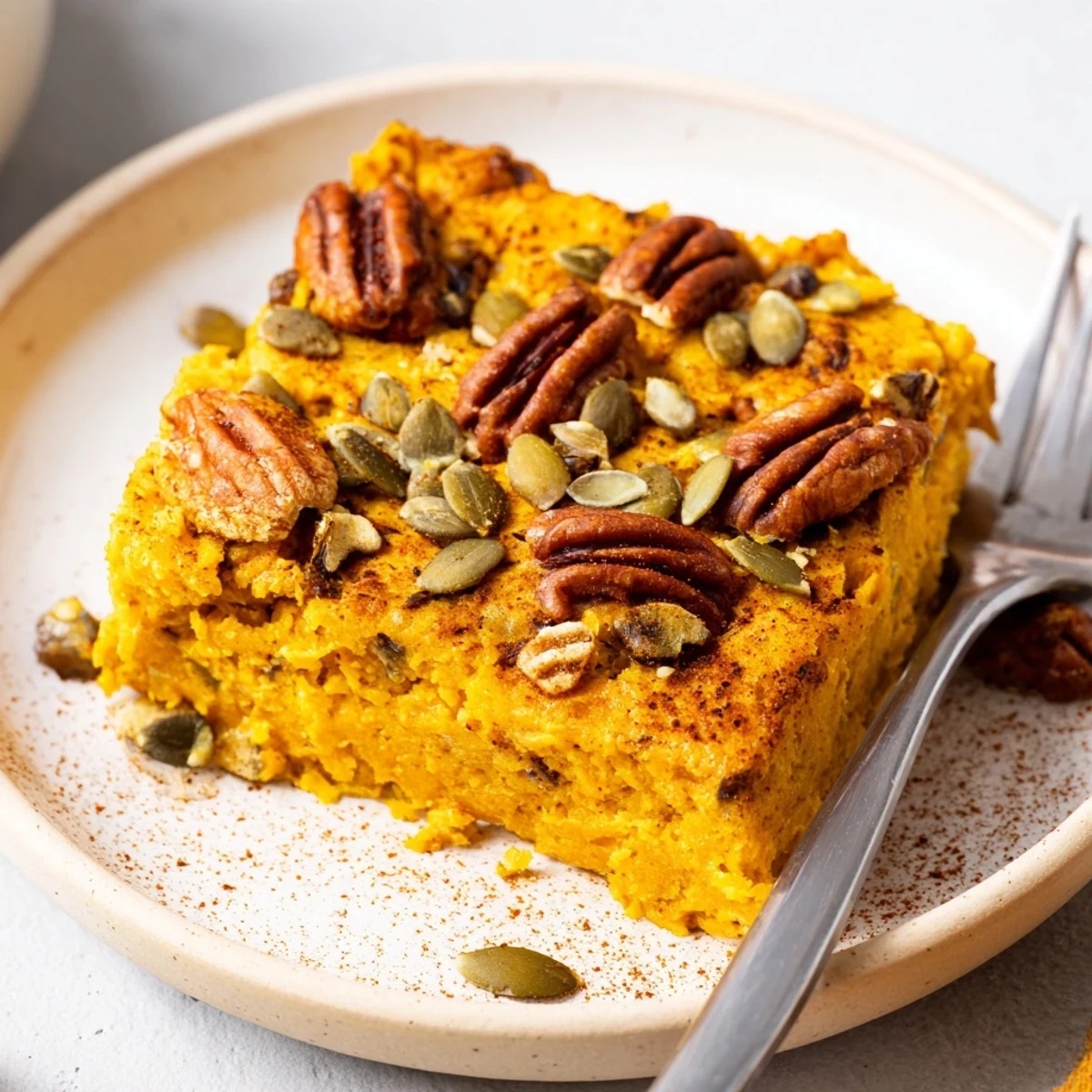 Warm spiced pumpkin and cottage cheese breakfast bake served in a square dish