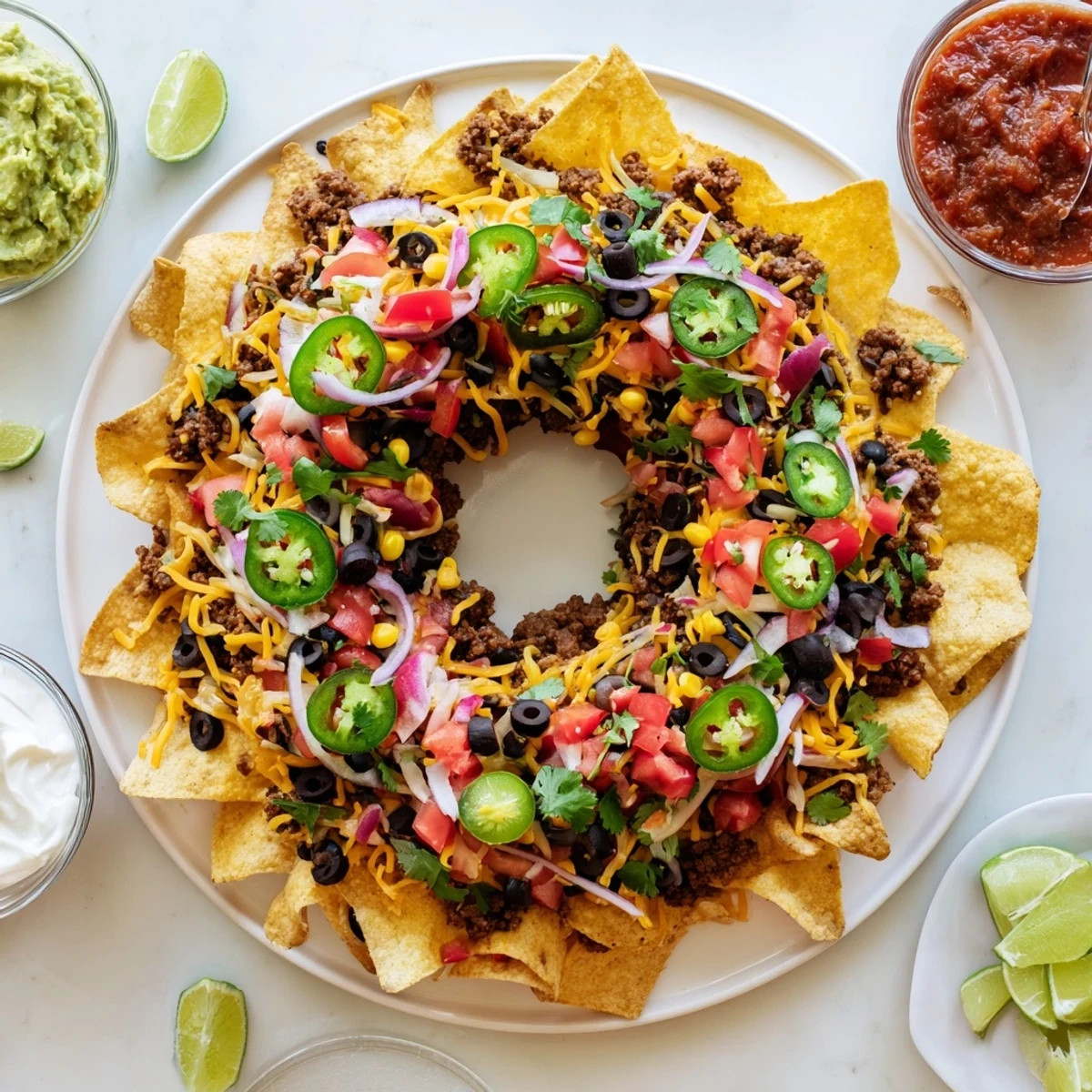 Golden Bundt pan nachos topped with melted cheddar and Monterey Jack cheese, garnished with fresh cilantro