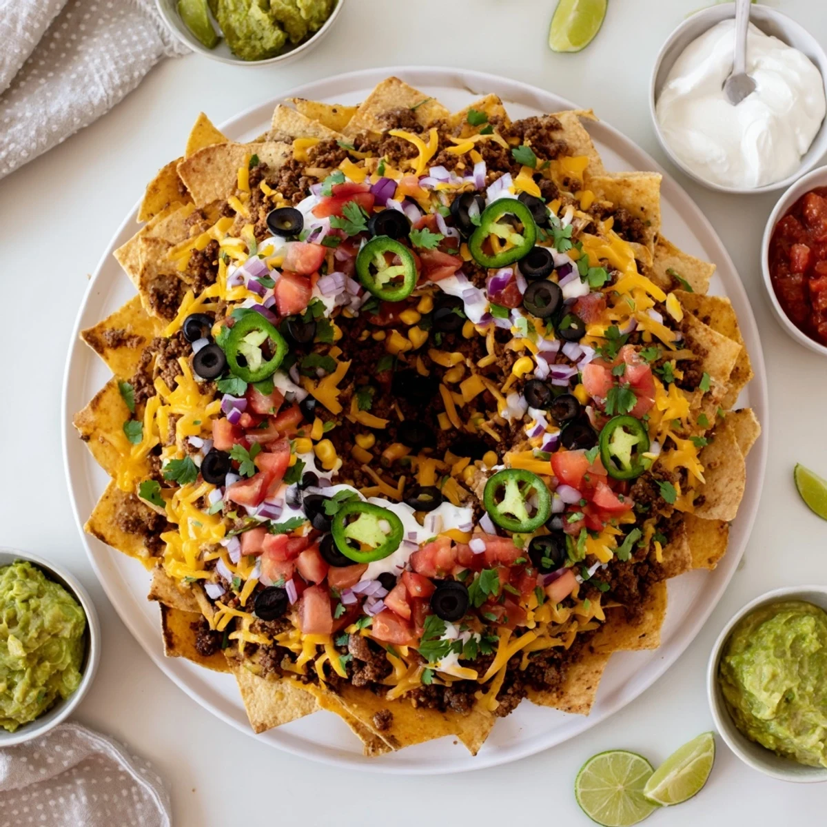 Crispy tortilla chip ring layered with seasoned beef, beans, corn, and bubbling cheese baked in a bundt pan