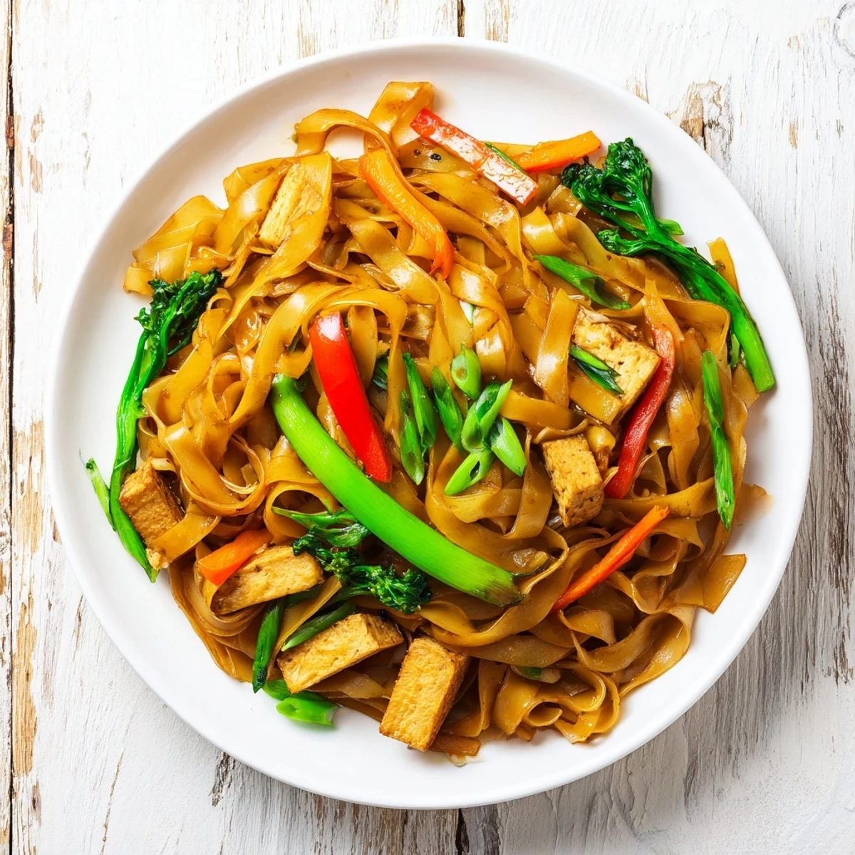 Steaming plate of Vegan Pad See Ew featuring charred tofu strips, colorful vegetables, and aromatic garlic