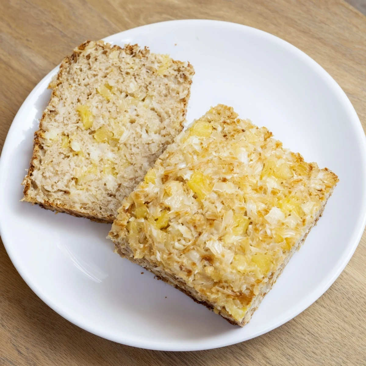 Moist tropical quick bread loaf studded with sweet pineapple chunks and toasted coconut flakes