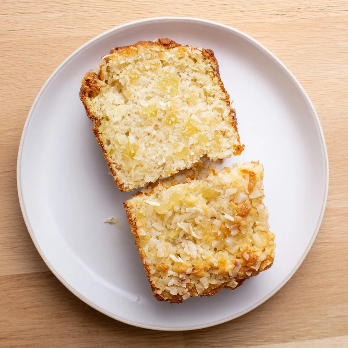 Warm slice of pineapple coconut bread with visible fruit pieces and coconut swirl texture