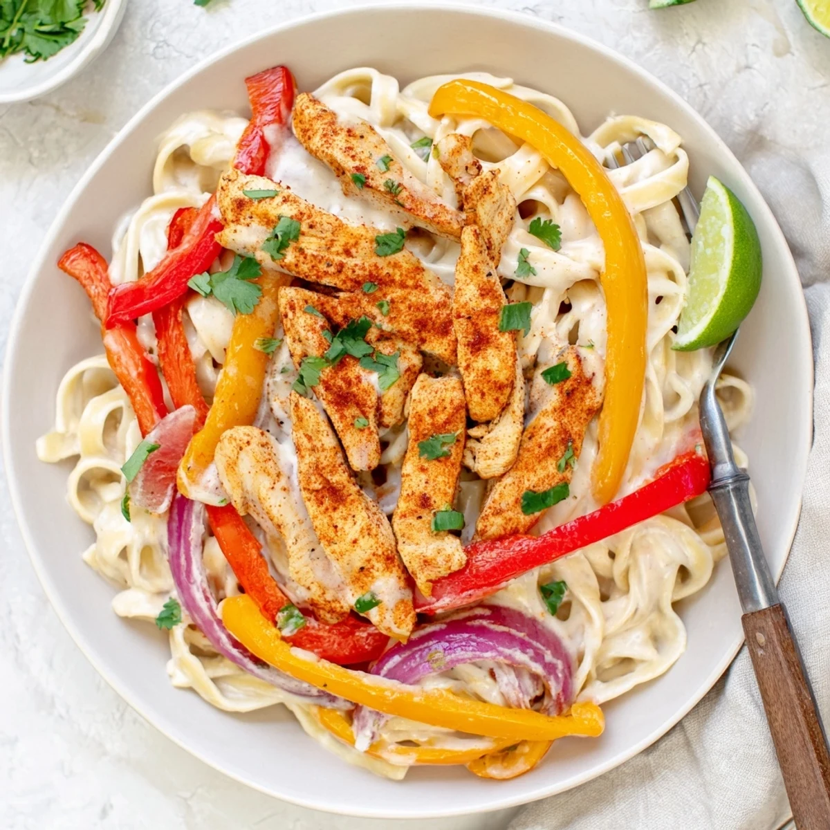 Plate of spicy Southwest chicken Alfredo featuring fettuccine coated in rich white sauce with peppers