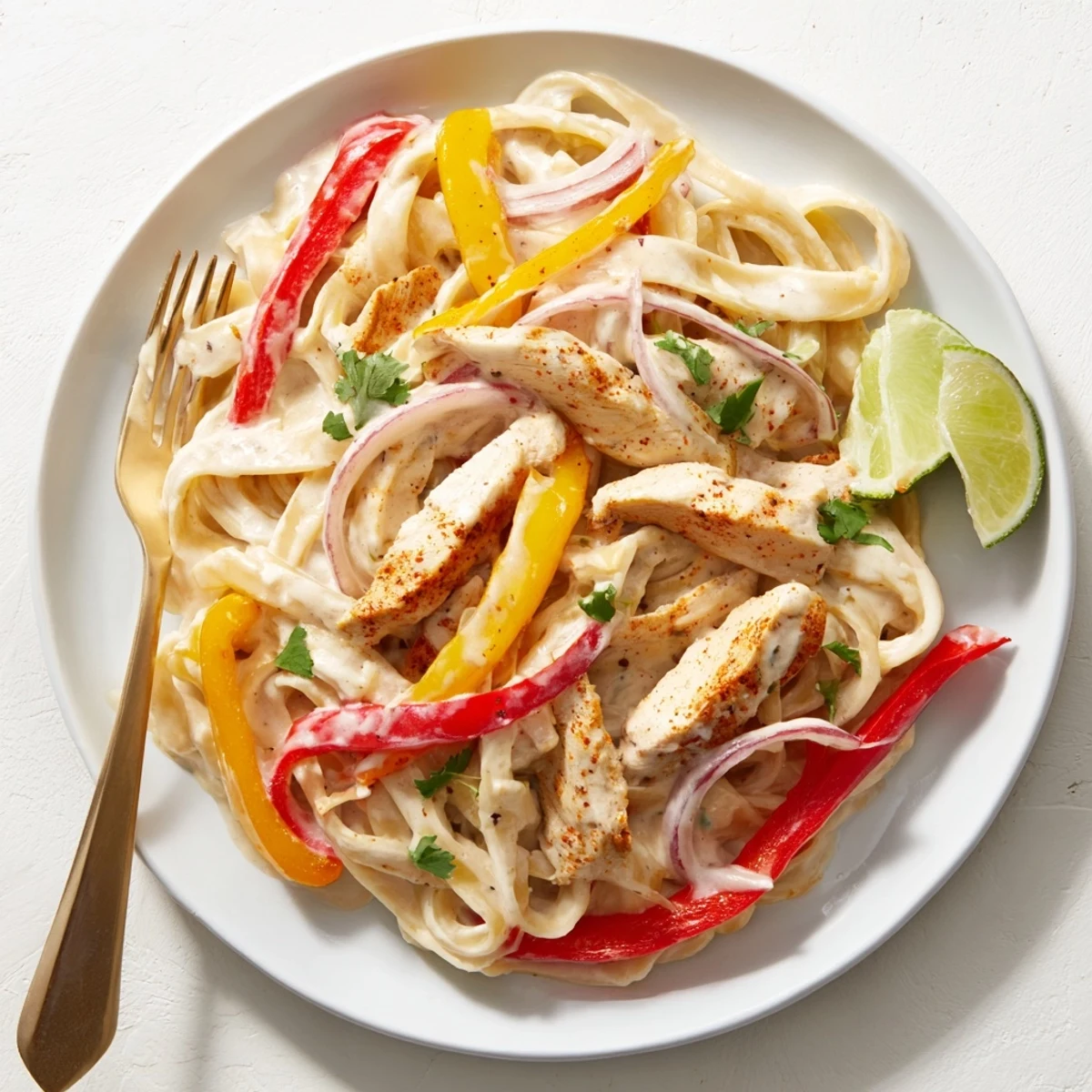 Creamy Southwest chicken Alfredo pasta topped with sliced seasoned chicken and colorful bell peppers