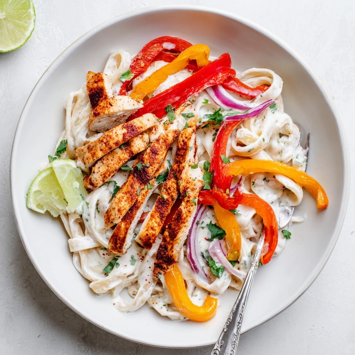 Southwest chicken Alfredo dish with sliced spiced chicken, red and yellow peppers, and fresh cilantro