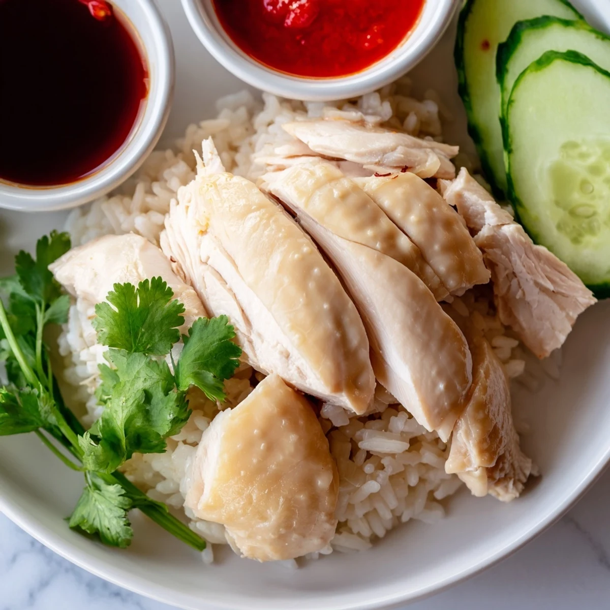 Golden poached chicken served over fragrant garlic ginger rice with fresh cilantro garnish