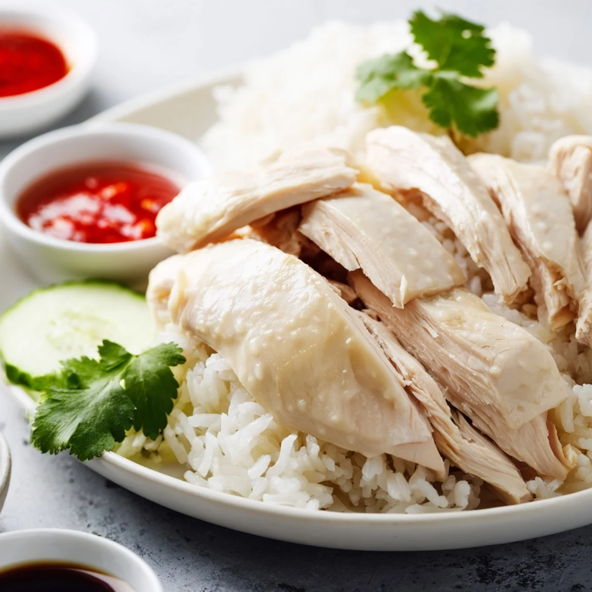 Tender Hainanese chicken rice plated with cucumber slices and three savory dipping sauces