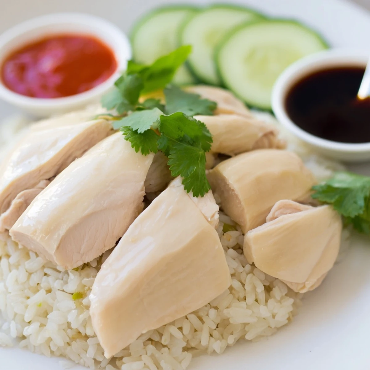 Classic Singaporean chicken and rice dish featuring juicy meat alongside aromatic jasmine grains