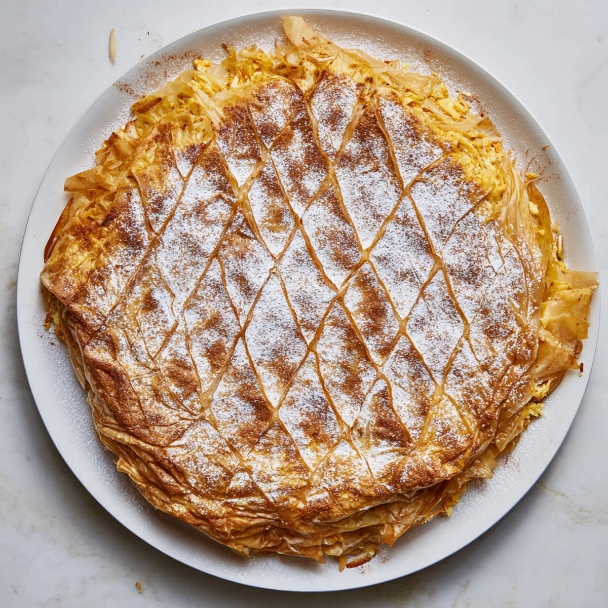 Golden Moroccan Bstilla pie with crisp phyllo layers dusted in powdered sugar and cinnamon pattern