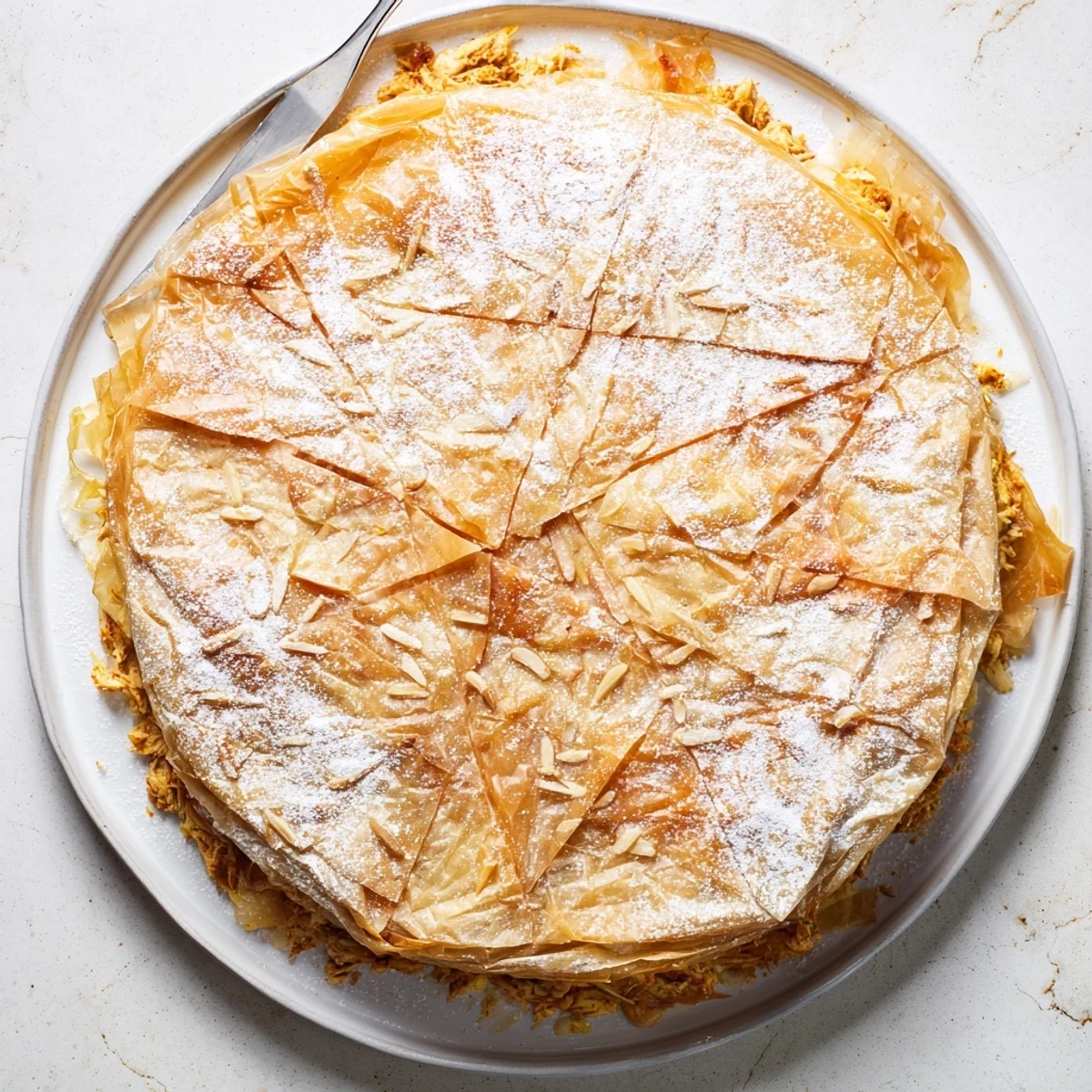 Moroccan Bstilla featuring spiced chicken and almonds wrapped in buttery golden pastry