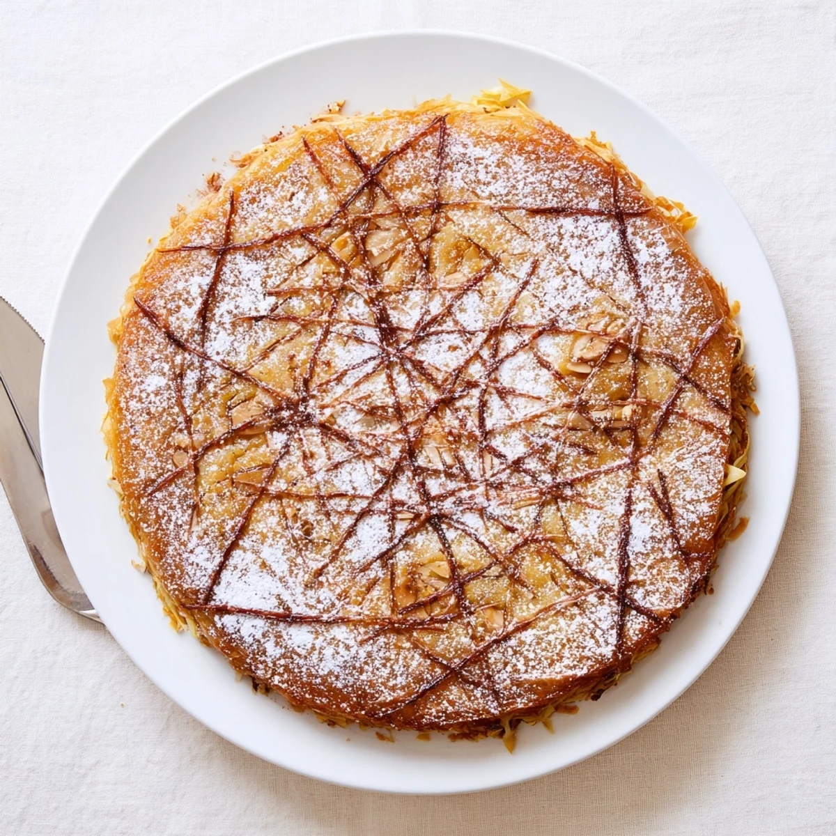 Sweet and savory Moroccan Bstilla sprinkled with cinnamon sugar after baking until crisp