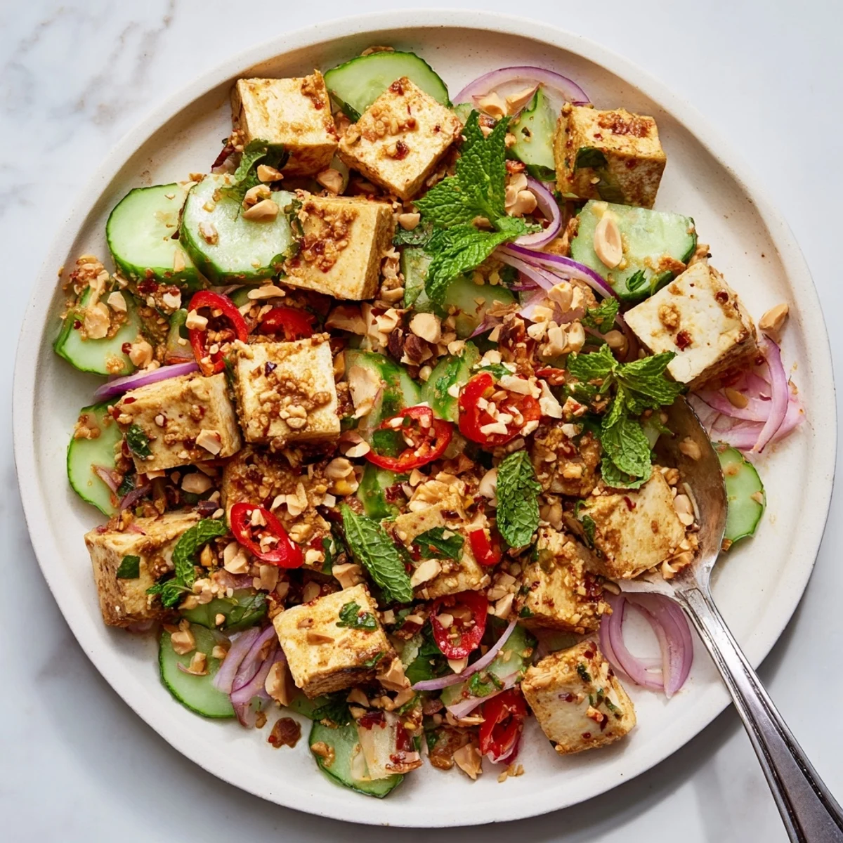 Colorful Burmese tofu salad with fresh herbs, crunchy peanuts, and crispy shallots topping silken cubes