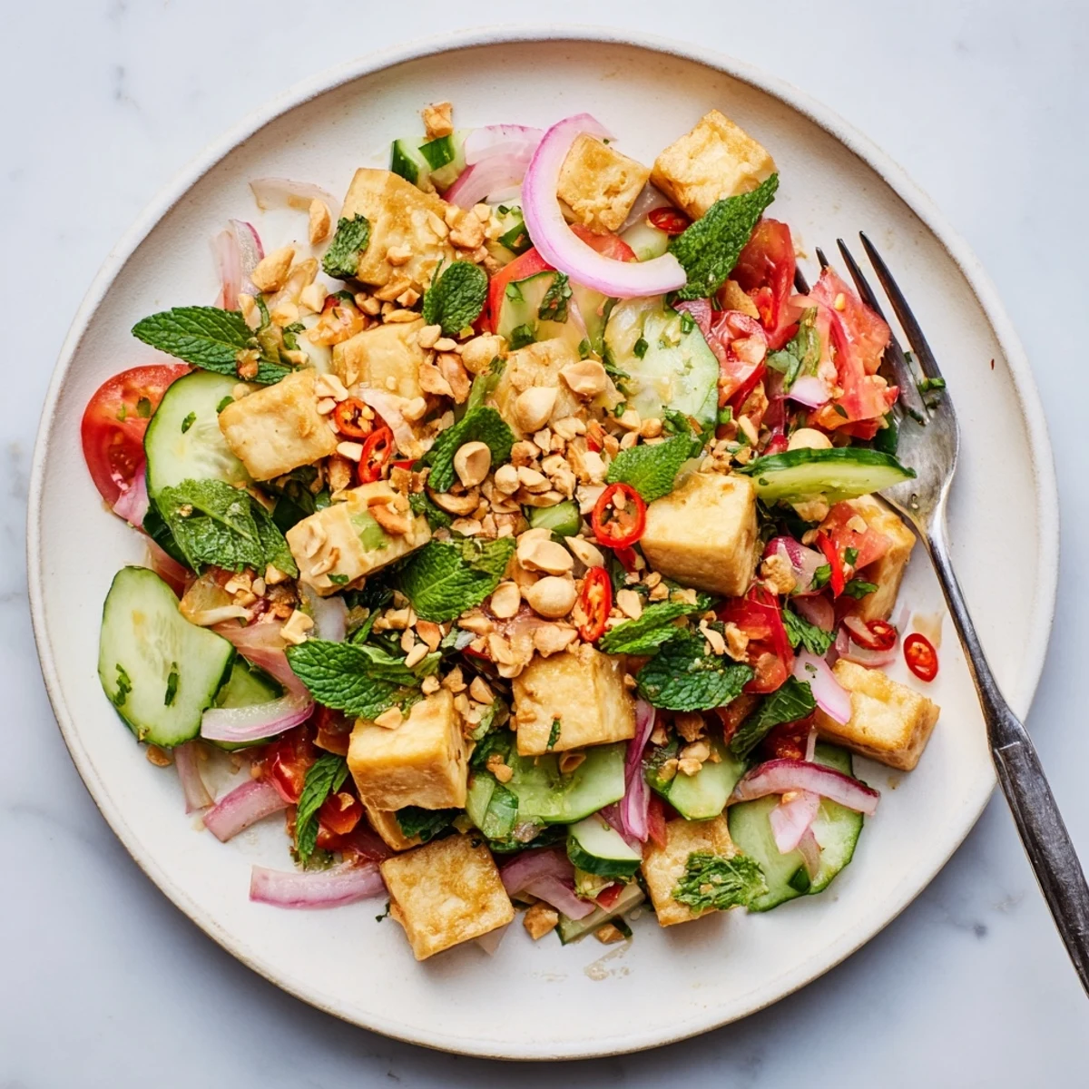 Vibrant Tofu Thoke bowl featuring diced cucumber, tomato, red onion, and fragrant coriander mint garnish
