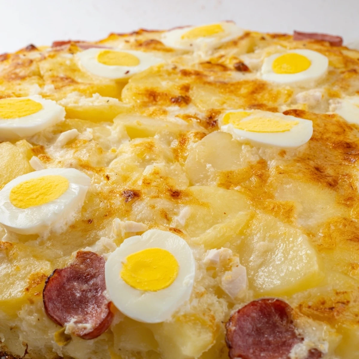 Golden baked Rakott Krumpli casserole with layered potatoes, sausage, eggs, and creamy sour cream topping
